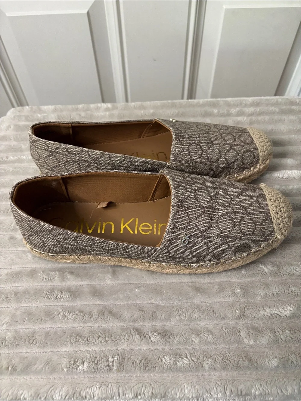 EUC Calvin Klein Taupe CK Monogram Espadrille Flats
